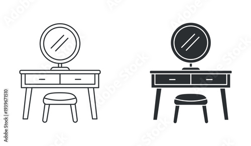 Vanity table with mirror furniture icon set, dressing table makeup desk symbol, in outline and solid silhouette style. Vector illustration.