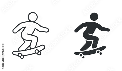 Skateboarder riding skateboard icon set, skateboarding sport activity symbol, in outline and solid silhouette style. Vector illustration.