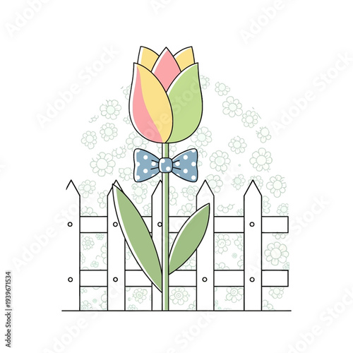 Cute cartoon tulip flower with a polka dot bow tie and picket fence illustration for spring.