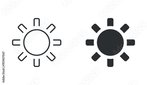 Sun weather icon set, sunny day sunshine symbol, in outline and solid silhouette style. Vector illustration.
