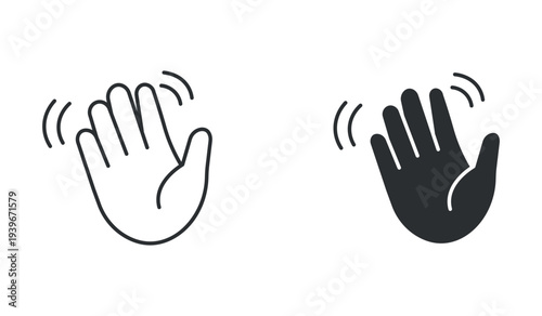 Waving hand gesture icon set, hello greeting sign symbol, in outline and solid silhouette style. Vector illustration.