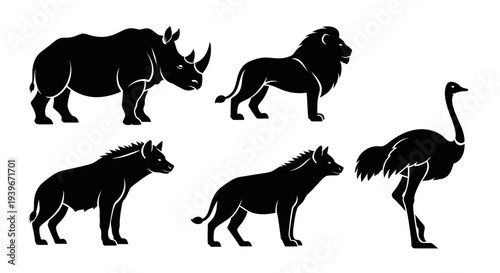 African Wildlife Silhouettes Collection: Rhino, Lion, Ostrich, Hyena Icons
