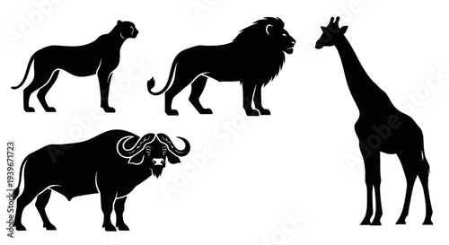 African Wildlife Silhouettes: Lion, Leopard, Buffalo, Giraffe Vector Set