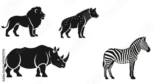 African Wildlife Silhouettes Set: Lion, Hyena, Rhino, and Zebra Vector Icons