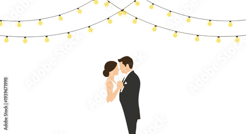 An illustration shows a man in a dark suit and a woman in a white dress holding hands under glowing fairy lights.