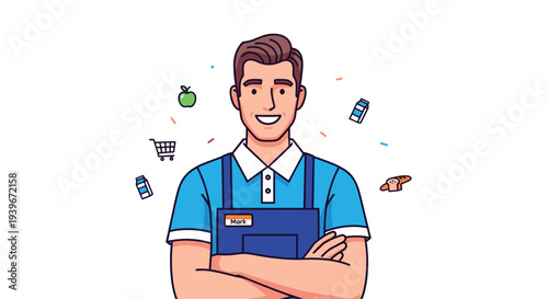 A cheerful male supermarket employee named Mark, wearing a blue polo and apron, stands with arms crossed amidst floating grocery icons.