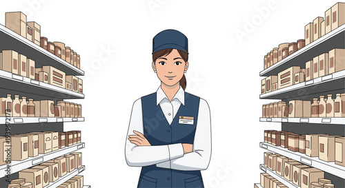 A female supermarket employee in a blue cap and vest stands with crossed arms in a grocery aisle filled with packaged goods.