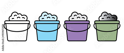 Four colorful paint buckets with happy faces vector illustration set isolated