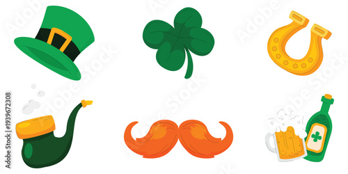 St Patricks Day icons set with hat shamrock horseshoe pipe mustache beer