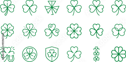 Green shamrock and four leaf clover designs for St Patricks Day celebration and luck