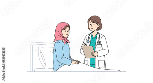 A female doctor with a clipboard converses with a female patient in a pink hijab sitting in a hospital bed.