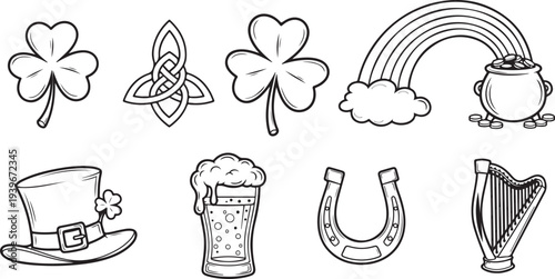 St Patricks Day symbols and icons including shamrocks, rainbow, pot of gold, leprechaun hat, beer, horseshoe, harp St Patricks Day