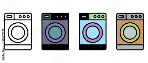 Set of four modern washing machines in flat design isolated on white background