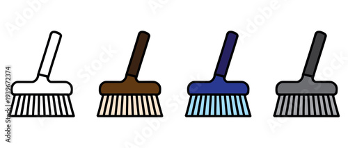Set of four colorful brooms isolated on white background for cleaning and household