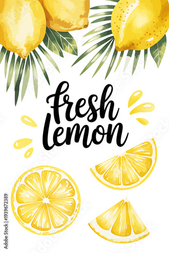 Fresh lemons with leaves and slices on white