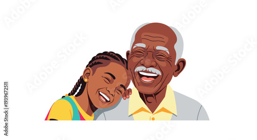 An illustration shows an elderly Black man and a young Black girl laughing joyfully together, heads touching.