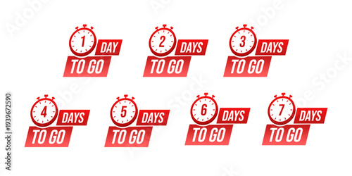Countdown Timer Icons Set. Business Deadline and Event Reminder Vector Collection. Set of red countdown timer icons indicating 1 to 7 days to go for deadlines and promotions.