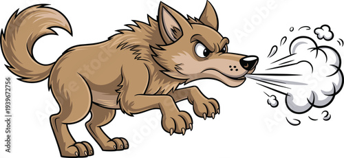 Angry cartoon wolf blowing air, fierce wild predator character, aggressive wolf mascot illustration, cartoon wildlife animal vector