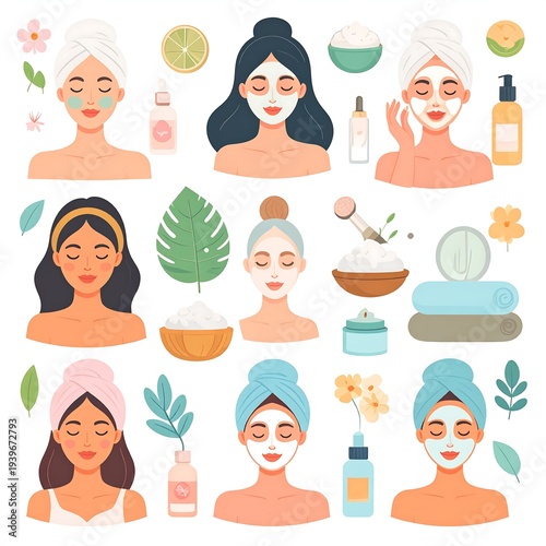 A cartoon-style depiction of facial beauty treatments and skincare, including women with masks and skincare products