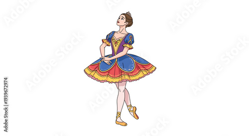 An elegant female ballet dancer with a tiara performs a graceful pose in an elaborate blue, red, and yellow tutu.