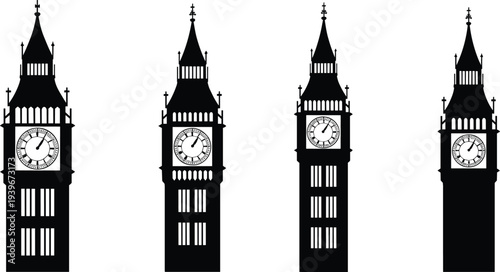 Big Ben clock tower silhouette set, London landmark icons collection, British architecture symbol, England travel vector illustration pack