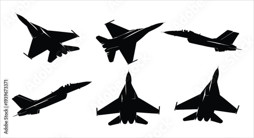 Silhouettes of military fighter jets in various flight positions against a white background