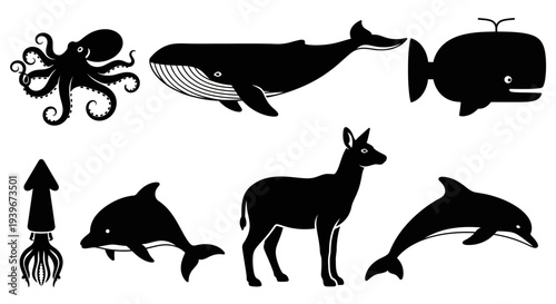 Collection of diverse animal silhouettes including marine life and wildlife, isolated on white background
