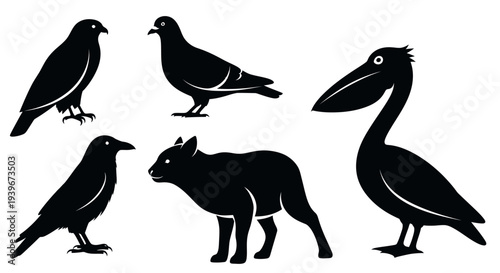Collection of Diverse Animal and Bird Silhouettes on White Background