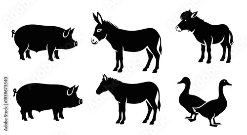 Collection of Farm Animal Silhouettes: Pig, Donkey, and Duck Icons