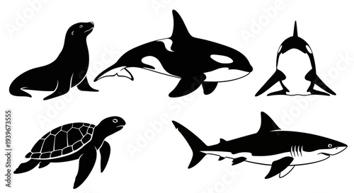 Collection of marine animals silhouettes: orca, shark, sea lion, and sea turtle