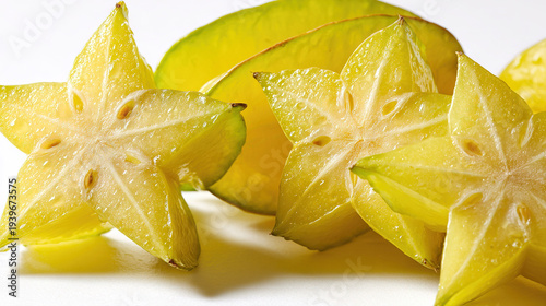 Sliced starfruit with water droplets on white background
