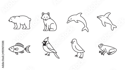Minimalist Vector Icon Set of Wild Animals and Marine Life in Simple Black Line Art Style