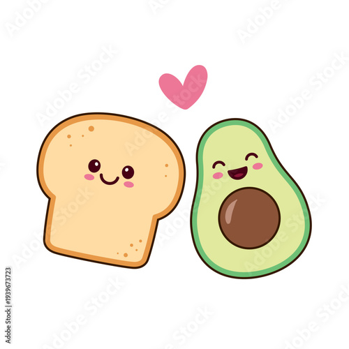 Smiling toast and avocado, simple cute kawaii cartoon style drawing