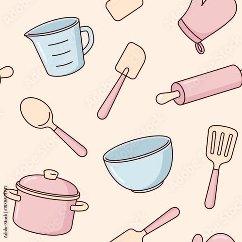 Utensils, cooking accessories, kitchen items seamless pattern, background. Simple cartoon style drawings