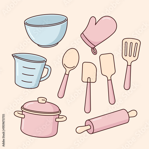 Utensils, cooking accessories, kitchen items illustrations, set of simple cartoon style drawings