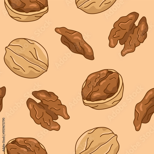 Walnuts seamless pattern, background, cartoon style illustration