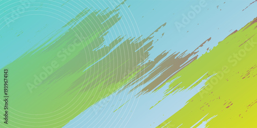 The yellow and white background is a bright pattern with a gradient with circles on the edges and a bright green color blending in, with the metal texture of the floor and walls, soft technology,