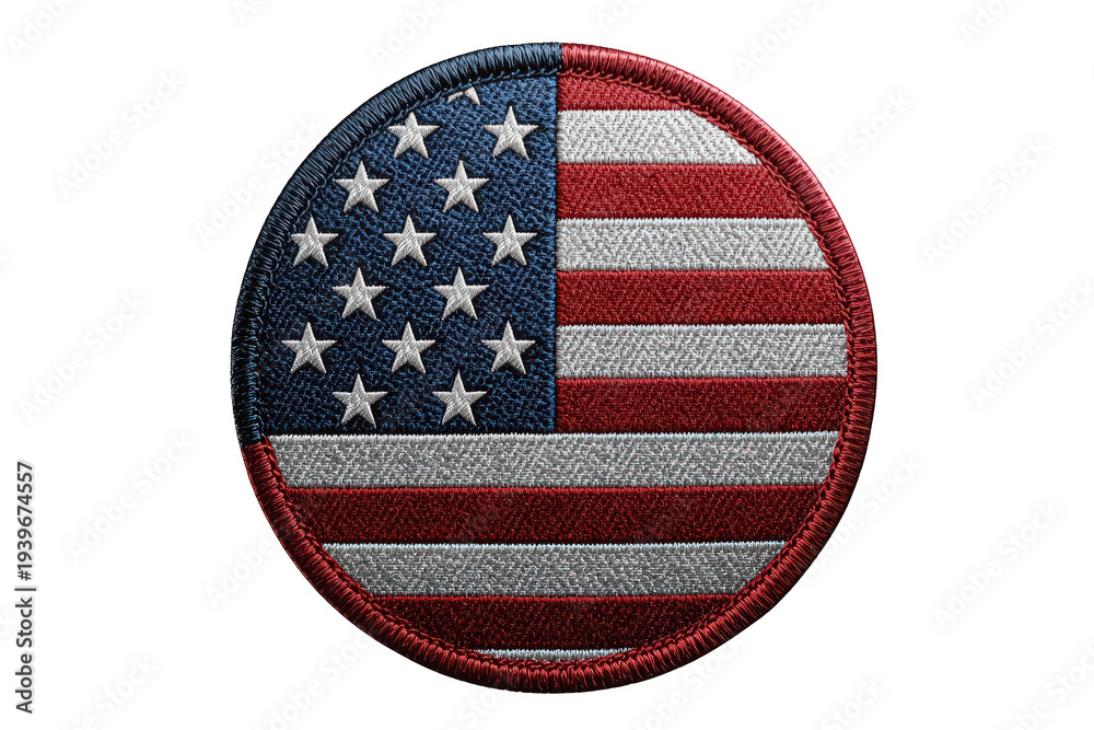 Fototapeta premium Circular embroidered united states flag patch showing patriotism, freedom, and national pride, transparent background