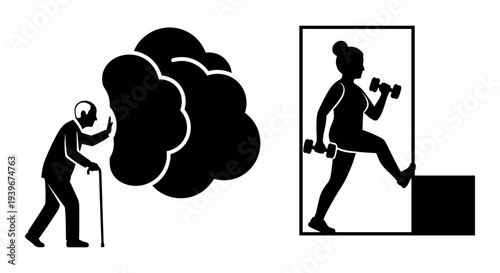 Black and white vector illustration depicting an elderly man with a walking stick and a thought bubble, contrasted with a fit woman exercising with dumbbells, symbolizing health, aging