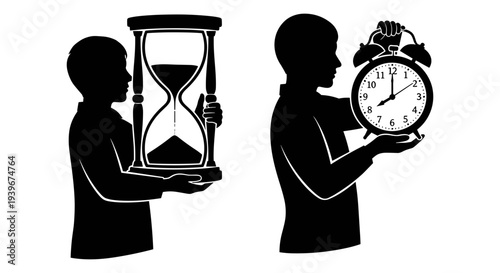 Black silhouette vector illustration of two people holding time-related objects: one with an hourglass and another with an alarm clock, symbolizing time management and deadlines.