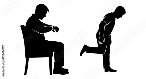 Black silhouette vector illustration of a man sitting on a chair checking his watch and another man bending over, isolated on a white background, ideal for time management or back pain concepts.