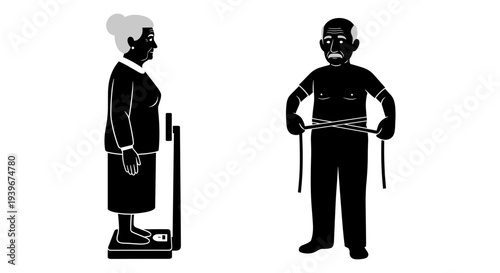 Black and white vector illustration of an elderly woman weighing herself on a scale and an elderly man measuring his waist with a tape measure, depicting senior health and fitness concepts.
