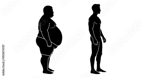 Before and After Weight Loss Silhouette Vector Illustration of Obese and Fit Male Body Transformation for Health and Fitness Concepts