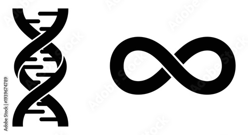 Black DNA Double Helix and Infinity Symbol Vector Icons Set for Science, Genetics, and Endless Possibilities Concepts