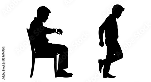 Set of 2 black vector silhouettes of men: one seated on a chair looking at his wrist, and another walking with one leg raised, isolated on white background.