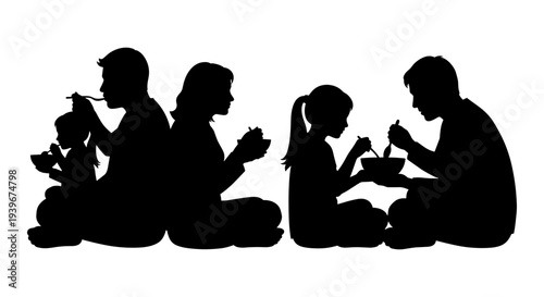 Family Eating Meal Silhouette Vector Illustration Set: Parents and Children Sitting on Floor, Enjoying Food Together, Black and White Graphic for Design Projects