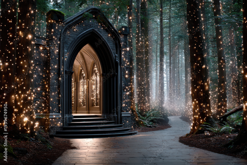 Fototapeta premium Magical light-filled forest path leading to an ancient gothic archway at twilight