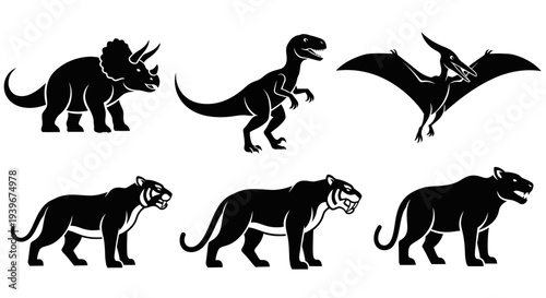 Dinosaur and Big Cat Silhouettes Set - Prehistoric and Wild Animal Icons