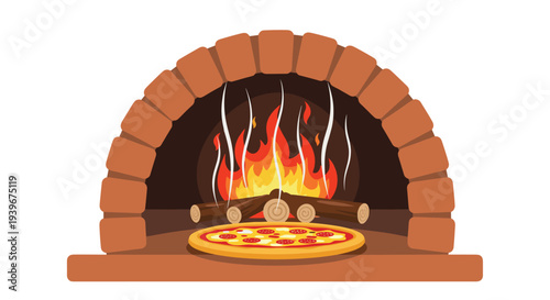 A traditional brick pizza oven with an arched opening features a roaring fire and a whole pepperoni pizza resting on the hearth.