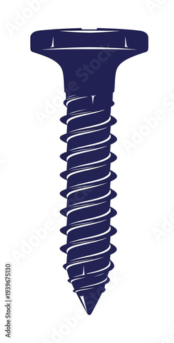 Vector of a single blue screw with grooves and a pointed tip.